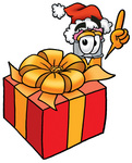 Clip Art Graphic of a Yellow Number 2 Pencil With an Eraser Cartoon Character Standing by a Christmas Present