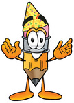 Clip Art Graphic of a Yellow Number 2 Pencil With an Eraser Cartoon Character Wearing a Birthday Party Hat