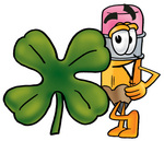 Clip Art Graphic of a Yellow Number 2 Pencil With an Eraser Cartoon Character With a Green Four Leaf Clover on St Paddy’s or St Patricks Day