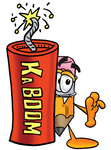 Clip Art Graphic of a Yellow Number 2 Pencil With an Eraser Cartoon Character Standing With a Lit Stick of Dynamite