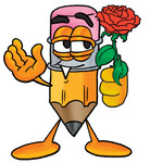 Clip Art Graphic of a Yellow Number 2 Pencil With an Eraser Cartoon Character Holding a Red Rose on Valentines Day