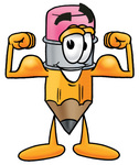 Clip Art Graphic of a Yellow Number 2 Pencil With an Eraser Cartoon Character Flexing His Arm Muscles