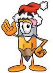 Clip Art Graphic of a Yellow Number 2 Pencil With an Eraser Cartoon Character Wearing a Santa Hat and Waving