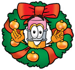 Clip Art Graphic of a Yellow Number 2 Pencil With an Eraser Cartoon Character in the Center of a Christmas Wreath
