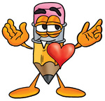 Clip Art Graphic of a Yellow Number 2 Pencil With an Eraser Cartoon Character With His Heart Beating Out of His Chest