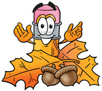 Clip Art Graphic of a Yellow Number 2 Pencil With an Eraser Cartoon Character With Autumn Leaves and Acorns in the Fall