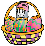 Clip Art Graphic of a Yellow Number 2 Pencil With an Eraser Cartoon Character in an Easter Basket Full of Decorated Easter Eggs
