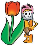 Clip Art Graphic of a Yellow Number 2 Pencil With an Eraser Cartoon Character With a Red Tulip Flower in the Spring