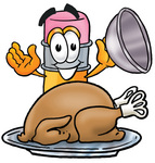 Clip Art Graphic of a Yellow Number 2 Pencil With an Eraser Cartoon Character Serving a Thanksgiving Turkey on a Platter