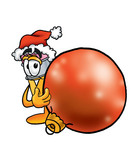 Clip Art Graphic of a Yellow Number 2 Pencil With an Eraser Cartoon Character Wearing a Santa Hat, Standing With a Christmas Bauble