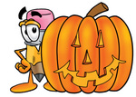 Clip Art Graphic of a Yellow Number 2 Pencil With an Eraser Cartoon Character With a Carved Halloween Pumpkin