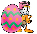 Clip Art Graphic of a Yellow Number 2 Pencil With an Eraser Cartoon Character Standing Beside an Easter Egg
