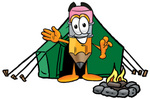 Clip Art Graphic of a Yellow Number 2 Pencil With an Eraser Cartoon Character Camping With a Tent and Fire