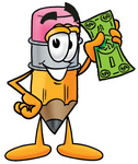 Clip Art Graphic of a Yellow Number 2 Pencil With an Eraser Cartoon Character Holding a Dollar Bill