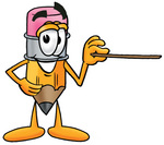 Clip Art Graphic of a Yellow Number 2 Pencil With an Eraser Cartoon Character Holding a Pointer Stick