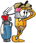 Clip Art Graphic of a Yellow Number 2 Pencil With an Eraser Cartoon Character Swinging His Golf Club While Golfing