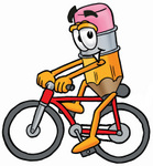 Clip Art Graphic of a Yellow Number 2 Pencil With an Eraser Cartoon Character Riding a Bicycle