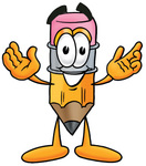 Clip Art Graphic of a Yellow Number 2 Pencil With an Eraser Cartoon Character With Welcoming Open Arms