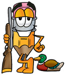 Clip Art Graphic of a Yellow Number 2 Pencil With an Eraser Cartoon Character Duck Hunting, Standing With a Rifle and Duck