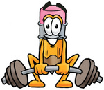 Clip Art Graphic of a Yellow Number 2 Pencil With an Eraser Cartoon Character Lifting a Heavy Barbell