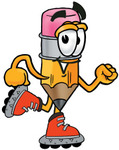Clip Art Graphic of a Yellow Number 2 Pencil With an Eraser Cartoon Character Roller Blading on Inline Skates