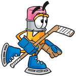 Clip Art Graphic of a Yellow Number 2 Pencil With an Eraser Cartoon Character Playing Ice Hockey