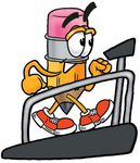 Clip Art Graphic of a Yellow Number 2 Pencil With an Eraser Cartoon Character Walking on a Treadmill in a Fitness Gym