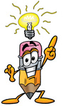 Clip Art Graphic of a Yellow Number 2 Pencil With an Eraser Cartoon Character With a Bright Idea