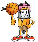 Clip Art Graphic of a Yellow Number 2 Pencil With an Eraser Cartoon Character Spinning a Basketball on His Finger