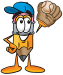 Clip Art Graphic of a Yellow Number 2 Pencil With an Eraser Cartoon Character Catching a Baseball With a Glove