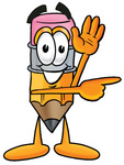 Clip Art Graphic of a Yellow Number 2 Pencil With an Eraser Cartoon Character Waving and Pointing