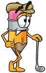 Clip Art Graphic of a Yellow Number 2 Pencil With an Eraser Cartoon Character Leaning on a Golf Club While Golfing
