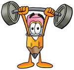 Clip Art Graphic of a Yellow Number 2 Pencil With an Eraser Cartoon Character Holding a Heavy Barbell Above His Head