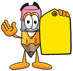Clip Art Graphic of a Yellow Number 2 Pencil With an Eraser Cartoon Character Holding a Yellow Sales Price Tag