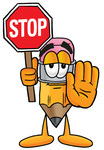 Clip Art Graphic of a Yellow Number 2 Pencil With an Eraser Cartoon Character Holding a Stop Sign