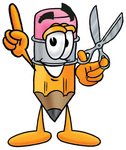 Clip Art Graphic of a Yellow Number 2 Pencil With an Eraser Cartoon Character Holding a Pair of Scissors