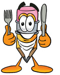 Clip Art Graphic of a Yellow Number 2 Pencil With an Eraser Cartoon Character Holding a Knife and Fork