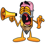 Clip Art Graphic of a Yellow Number 2 Pencil With an Eraser Cartoon Character Screaming Into a Megaphone