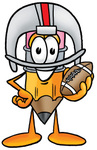Clip Art Graphic of a Yellow Number 2 Pencil With an Eraser Cartoon Character in a Helmet, Holding a Football