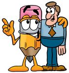 Clip Art Graphic of a Yellow Number 2 Pencil With an Eraser Cartoon Character Talking to a Business Man