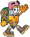 Clip Art Graphic of a Yellow Number 2 Pencil With an Eraser Cartoon Character Hiking and Carrying a Backpack