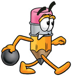 Clip Art Graphic of a Yellow Number 2 Pencil With an Eraser Cartoon Character Holding a Bowling Ball