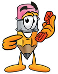 Clip Art Graphic of a Yellow Number 2 Pencil With an Eraser Cartoon Character Holding a Telephone