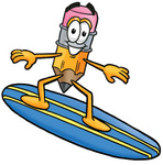 Clip Art Graphic of a Yellow Number 2 Pencil With an Eraser Cartoon Character Surfing on a Blue and Yellow Surfboard