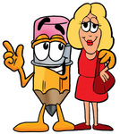 Clip Art Graphic of a Yellow Number 2 Pencil With an Eraser Cartoon Character Talking to a Pretty Blond Woman