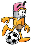 Clip Art Graphic of a Yellow Number 2 Pencil With an Eraser Cartoon Character Kicking a Soccer Ball