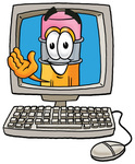 Clip Art Graphic of a Yellow Number 2 Pencil With an Eraser Cartoon Character Waving From Inside a Computer Screen