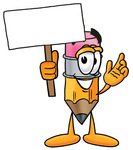 Clip Art Graphic of a Yellow Number 2 Pencil With an Eraser Cartoon Character Holding a Blank Sign