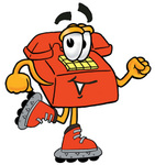 Clip Art Graphic of a Red Landline Telephone Cartoon Character Roller Blading on Inline Skates