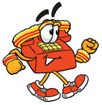 Clip Art Graphic of a Red Landline Telephone Cartoon Character Speed Walking or Jogging
